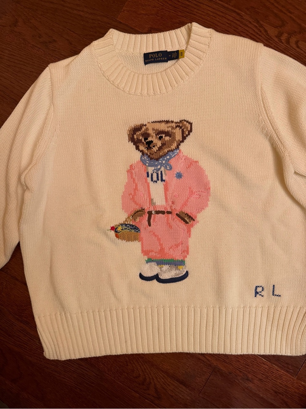 Ralph Lauren Cream Crewneck Sweater with Pink Bear Intarsia